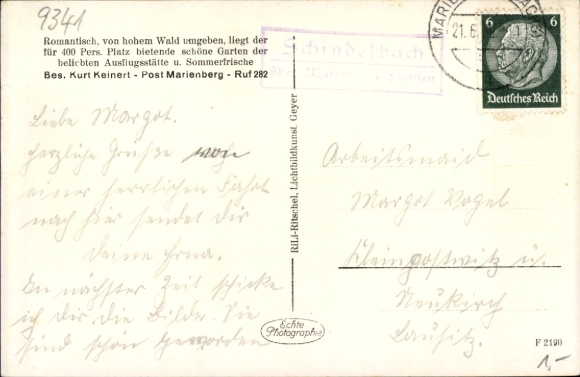 Landstempel Schindelbach boven Marienberg, briefkaart Schindelbachmühle, 21 juni 1938
