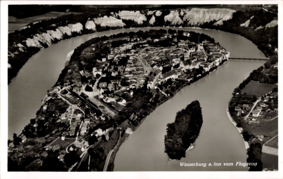 Postcard Wasserburg am Inn Upper Bavaria, aerial view of Wasserburg, river view, town