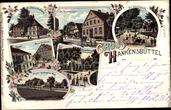 Chromo-Litho Hankensbüttel in Lower Saxony, Isenhagen monastery, Rosenstraße, inn, commercial buildings