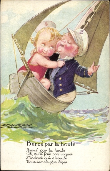 Artist Postcard children, lovers, sailing, Berce par la houle