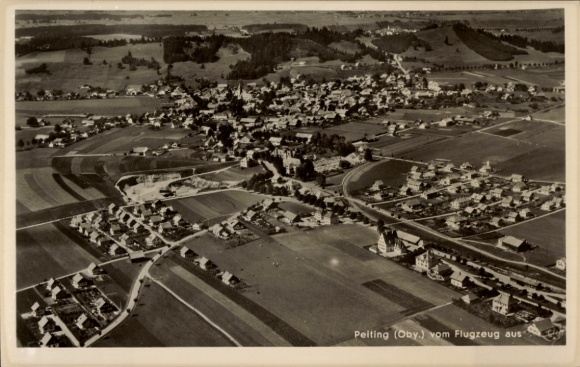Postcard Peiting in Upper Bavaria, aerial view of rural surroundings, houses and fields