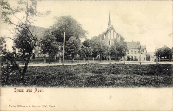 Postcard Apen in Oldenburg Ammerland, church, houses, trees