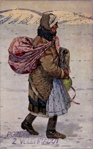 Artist Postcard Frolka, A., Slovakian traditional costume, woman in coat, headscarf, snow