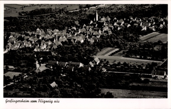 Postcard Geislingen an der Steige, aerial view of many roofs, green areas, church