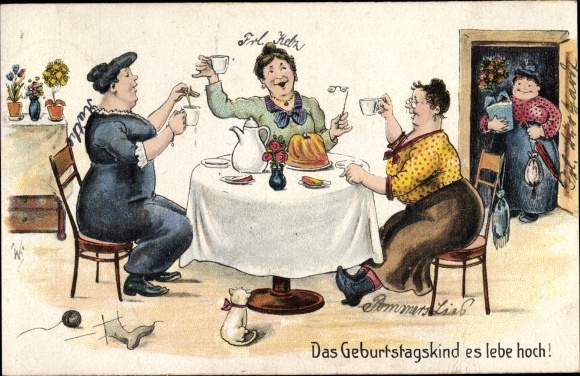 Artist PC Scheuermann, Willi, congratulations birthday, woman at the coffee table