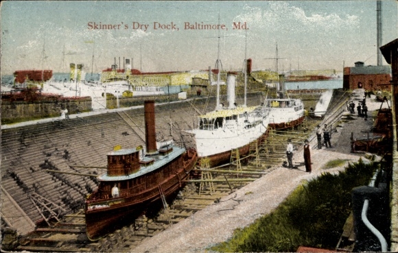 Ak Baltimore Maryland USA, Skinners Droogdok, Stoomboot
