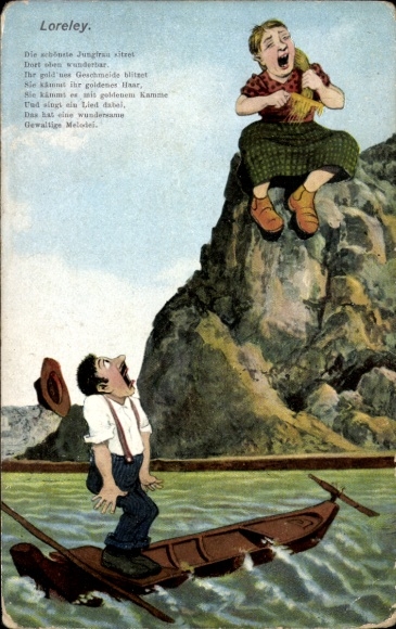 Postcard St. Goarshausen in the Rhein Lahn district, Loreley, virgin, man in rowing boat, poem