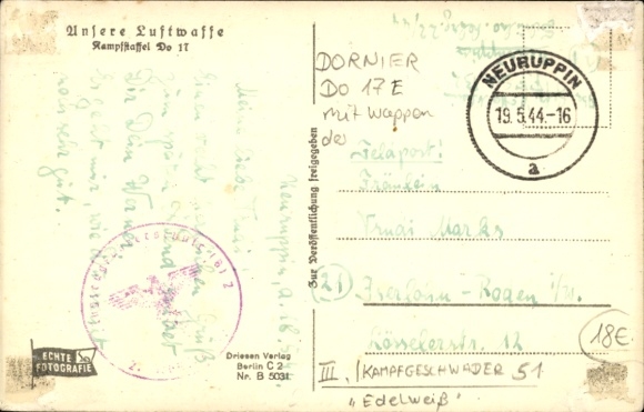Postcard German Air Force, Fighter Squadron Dornier Do 17, Coat of Arms Fighter Squadron 51 Edelweiss