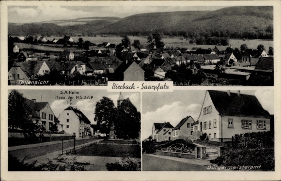 Postcard Bierbach Blieskastel in Saarland, SA home, house of the NSDAP, mayor's office, total view