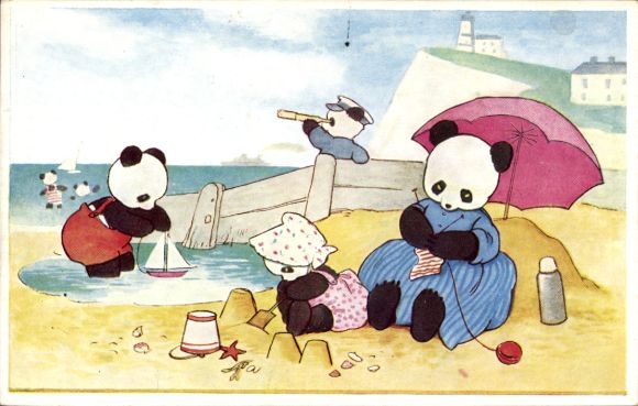 Artist Postcard Wickham, Peggy, Humanized Panda Bears, Family on the Beach