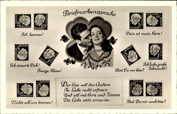 Postcard stamp language, lovers, lucky clover