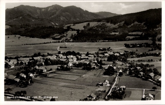 Postcard Benediktbeuern in Upper Bavaria, aerial view of houses, fields, hills, landscape