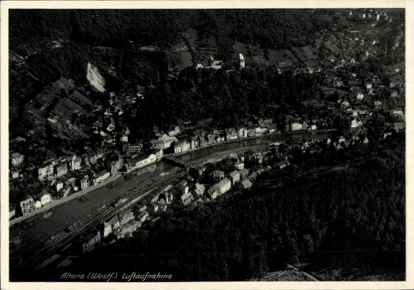 Postcard Altena in Westphalia, aerial photograph of Altena (West), pictures of a city view along a