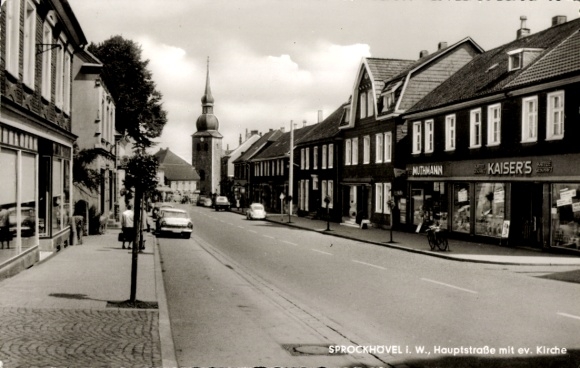 Postcard Sprockhövel in the Ruhr area, street with church, Kaiser's and Muthmann