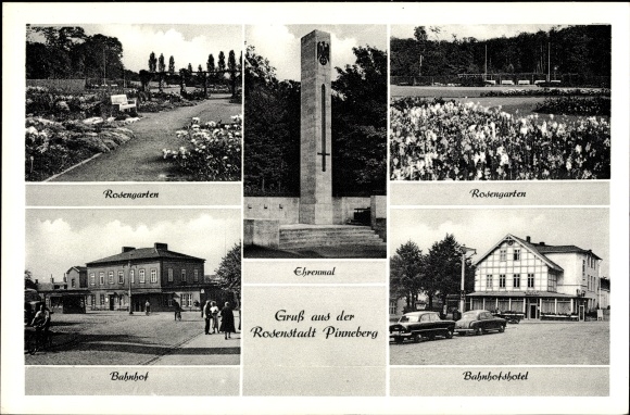 Ak Pinneberg in Schleswig Holstein, Rosengarten, Bahnhofshotel, Bahnhof, Ehrenmal