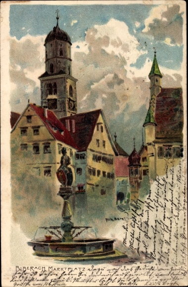 Kunstenaar Litho Bergen, Fritz, Biberach an der Riss in Oberschwaben, marktplein met fontein, kerktoren