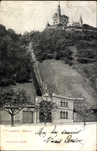 Ak Lucerne Luzern Stadt Schweiz, Luzern-Gütsch, Bergbahn, Schloss, Illustrato Luzern