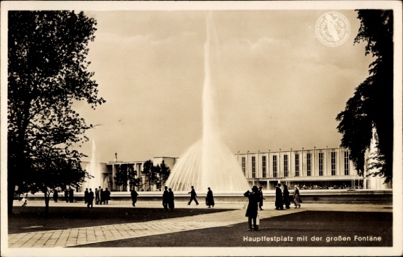 Ak Düsseldorf, Reichsausstellung Schaffendes Volk 1937, Hauptfestplatz mit der großen Fontäne