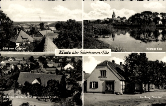 Postcard Klietz on the Elbe, view from the church tower, Klietzer See, Sandhauer Straße, Ziemann shop