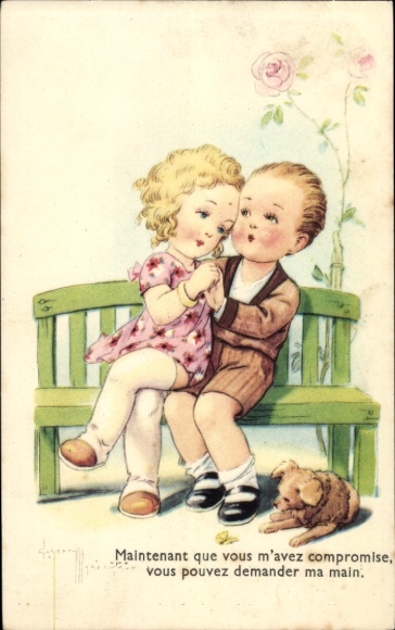 Künstler Ak Liebespaar, Sitzbank, Umarmung, Hund, Schmetterling