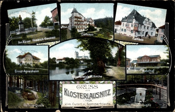 Ak Bad Klosterlausnitz Thüringen, Kurhaus, Bahnhof, Kirche, Ernst Agnesheim, Rathaus, Kaiserquelle