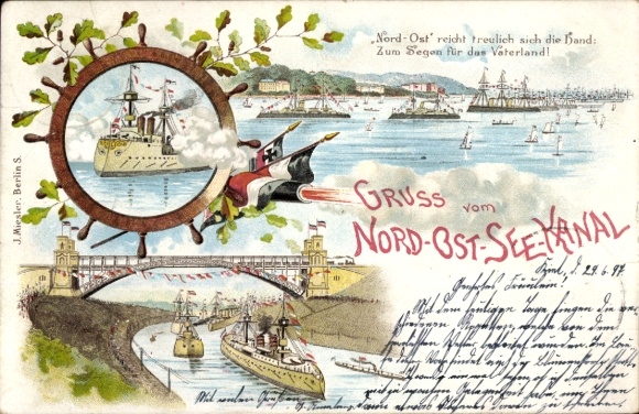 Chromo-Litho Postcard Hanseatic City of Kiel, greetings from the Kaiser Wilhelm Canal, flags, gun salute