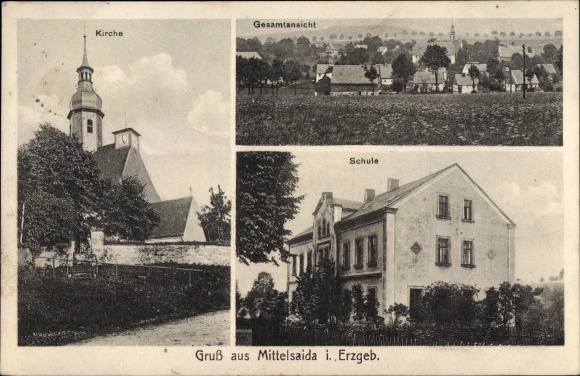 Postcard Mittelsaida Großhartmannsdorf in the Ore Mountains, church, general view, school