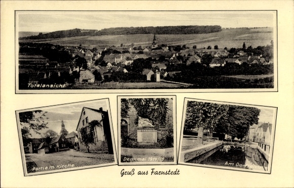 Ak Farnstedt Farnstädt in de Saalekreis, panorama, kerk, monument, dorpsvijver