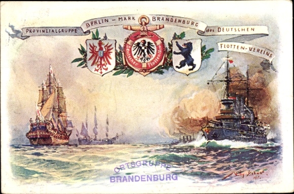 Artist Postcard Stöwer, W., German Naval Association, Berlin-Brandenburg, warships
