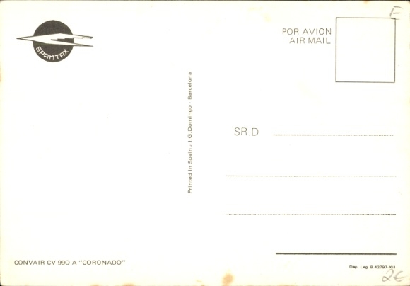 Postcard Spanish passenger aircraft of Spantax, Convair CV 990 A Coronado