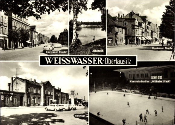 Postcard Weißwasser in Oberlausitz, Bautzener Straße, artificial ice stadium Wilhelm Pieck, ice hockey game