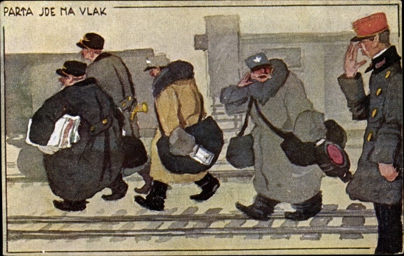 Artist PC Schrabal, E., Zeleznicari, Parta ide na vlak, railway officials, railway station