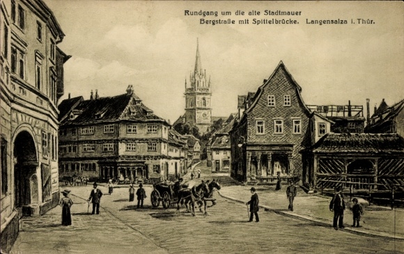 Postcard Bad Langensalza in Thuringia, old city wall, Bergstraße, Spittelbrücke, people, horses