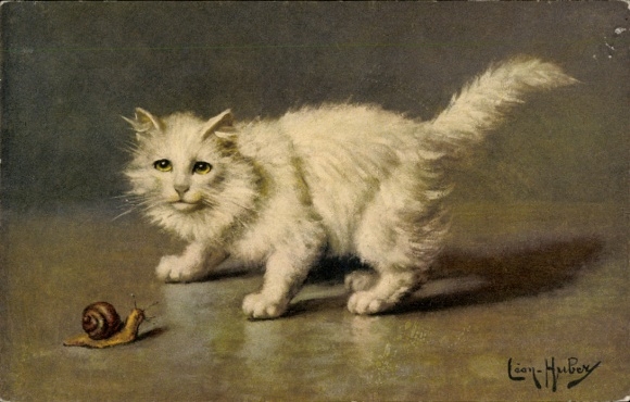 Artist Postcard Huber, Leon, Longhaired white cat and snail