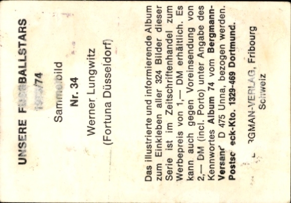 Obraz kolekcjonerski gwiazdy futbolu 1973/1974, zdjęcie nr 34, Werner Lungwitz, Fortuna Düsseldorf