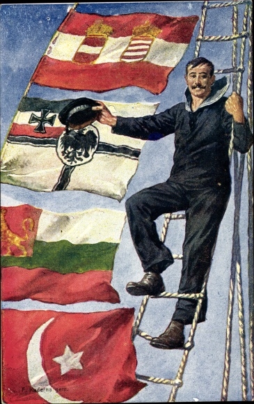 Künstler Ak Kuderna, Franz, Seemann, KuK Kriegsmarine, Flaggen, Ungarn, Türkei, Deutschland