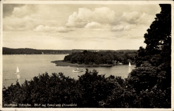 Ak Berlin Zehlendorf Wannsee, Blockhaus Nikolskoe, Havel, Pfaueninsel