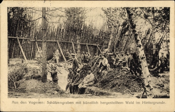 Ak Aus den Vogesen, Schützengraben mit künstlich hergestelltem Wald im Hintergrunde