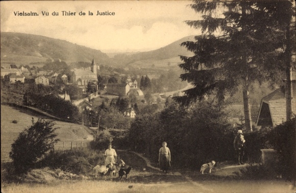 Picture Vielsalm Wallonia Luxembourg, landscape shot, people with dogs, church in the background