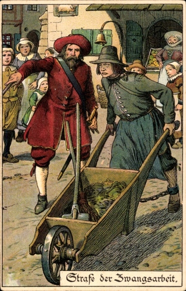 Artist PC Jodolfi, punishment of forced labor, convicted criminal with wheelbarrow, bell of shame