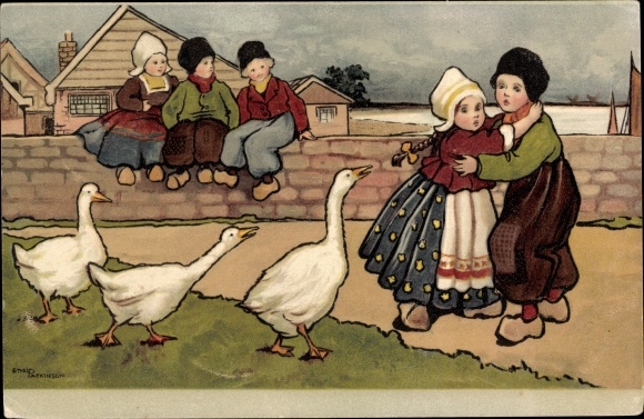 Künstler Ak Parkinson, Ethel, Kinder in niederländischer Tracht, Gänse