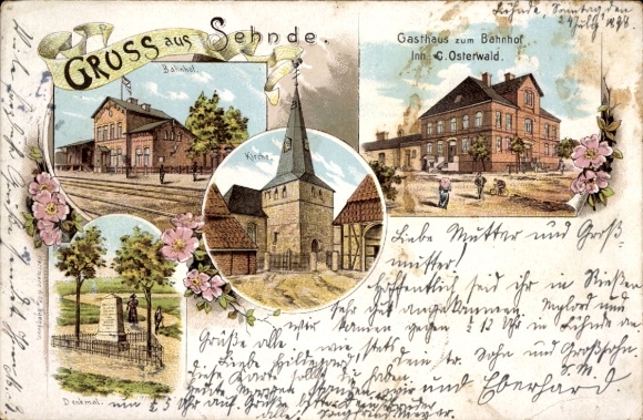 Chromo-Litho Sehnde in Lower Saxony, train station, inn to the train station, church, monument