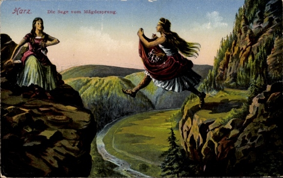 Ak Mägdesprung Harzgerode im Harz, Sage vom Mägdesprung, Felsen, Riesenjungfrau