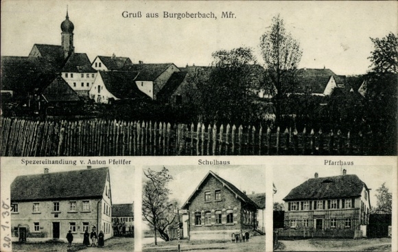 Postcard Niederoberbach Burgoberbach in Middle Franconia Bavaria, partial view, rectory, school, shop