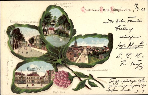 Klaverblad litho Königsborn Unna in het Ruhrgebied, algemeen beeld, markt, kuurtuin, zwanenvijver