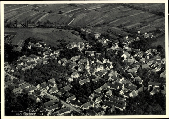 Postcard Kehl am Rhein, aerial view of Scherzheim and Kehl, rural surroundings