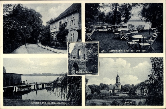 Postcard Lindow in der Mark, coffee restaurant Wutzsee Pavilion, monastery ruins