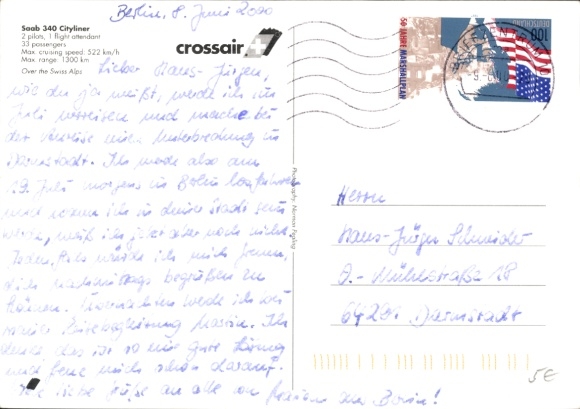 Postcard passenger aircraft Crossair, Saab 340 Cityliner