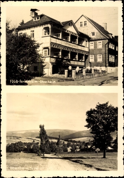 Postcard Oberhain Königsee in Thuringia, FDGB holiday home, large wooden architecture, rural surroundings