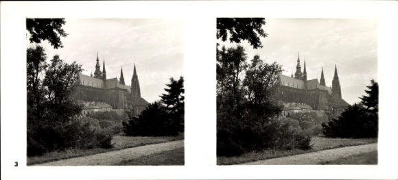 Stereo photo Praha Prague, castle town, castle and cathedral seen from Hirschgraben